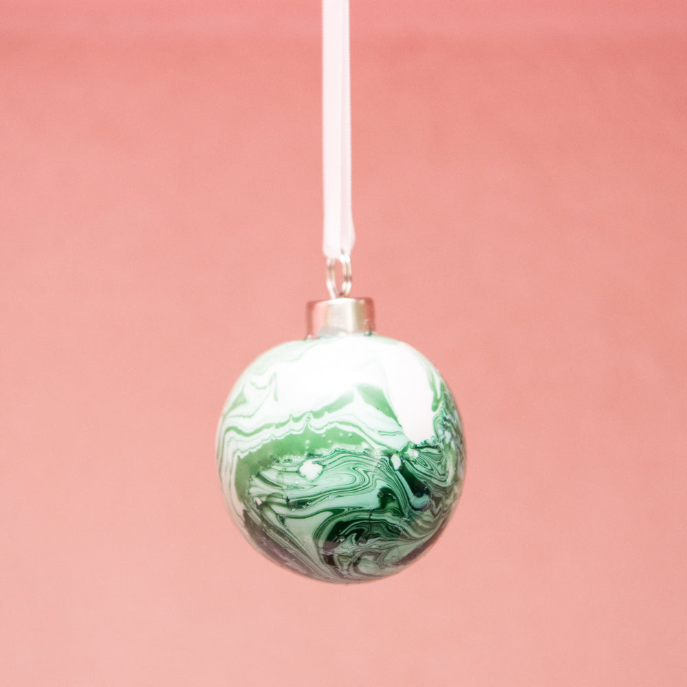 Hand Painted Ceramic Bauble - Green and White Marble