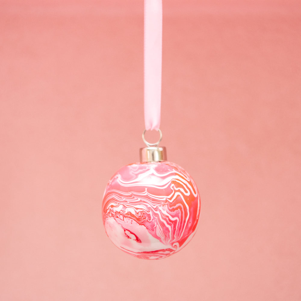 Hand Painted Ceramic Bauble - Red and Pink Marble
