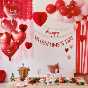 
                  
                    Load image into Gallery viewer, Red &amp;amp; Pink Balloon Arch Party Backdrop with Streamers and Paper Heart Decorations
                  
                