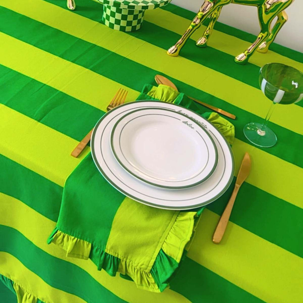 
                  
                    Load image into Gallery viewer, Green Apple Stripe Ruffle Tablecloth
                  
                