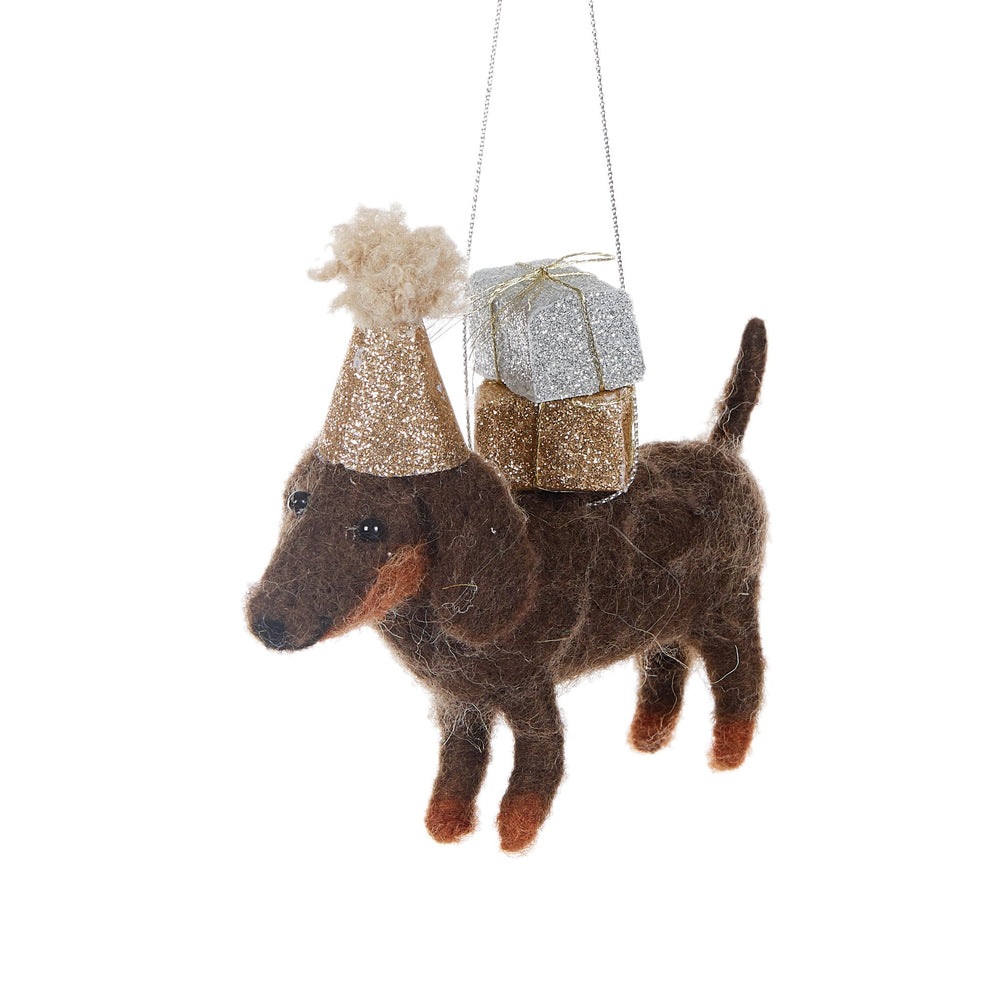 Wool Dachshund with Party Hat Hanging Ornament