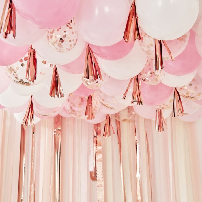 Blush White & Rose Gold Ceiling Balloons With Tassels