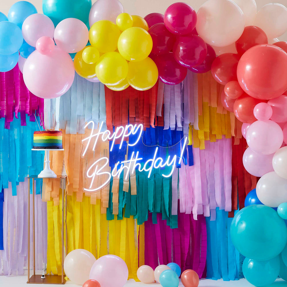 
                  
                    Load image into Gallery viewer, Balloon and Streamer Brights Rainbow Party Backdrop
                  
                