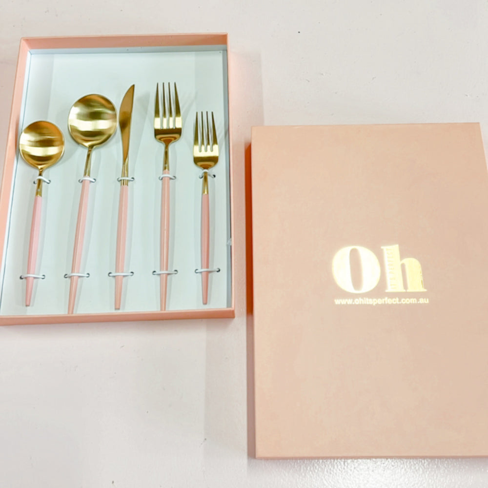 
                  
                    Load image into Gallery viewer, Pink And Gold 5 Piece Cutlery Set
                  
                
