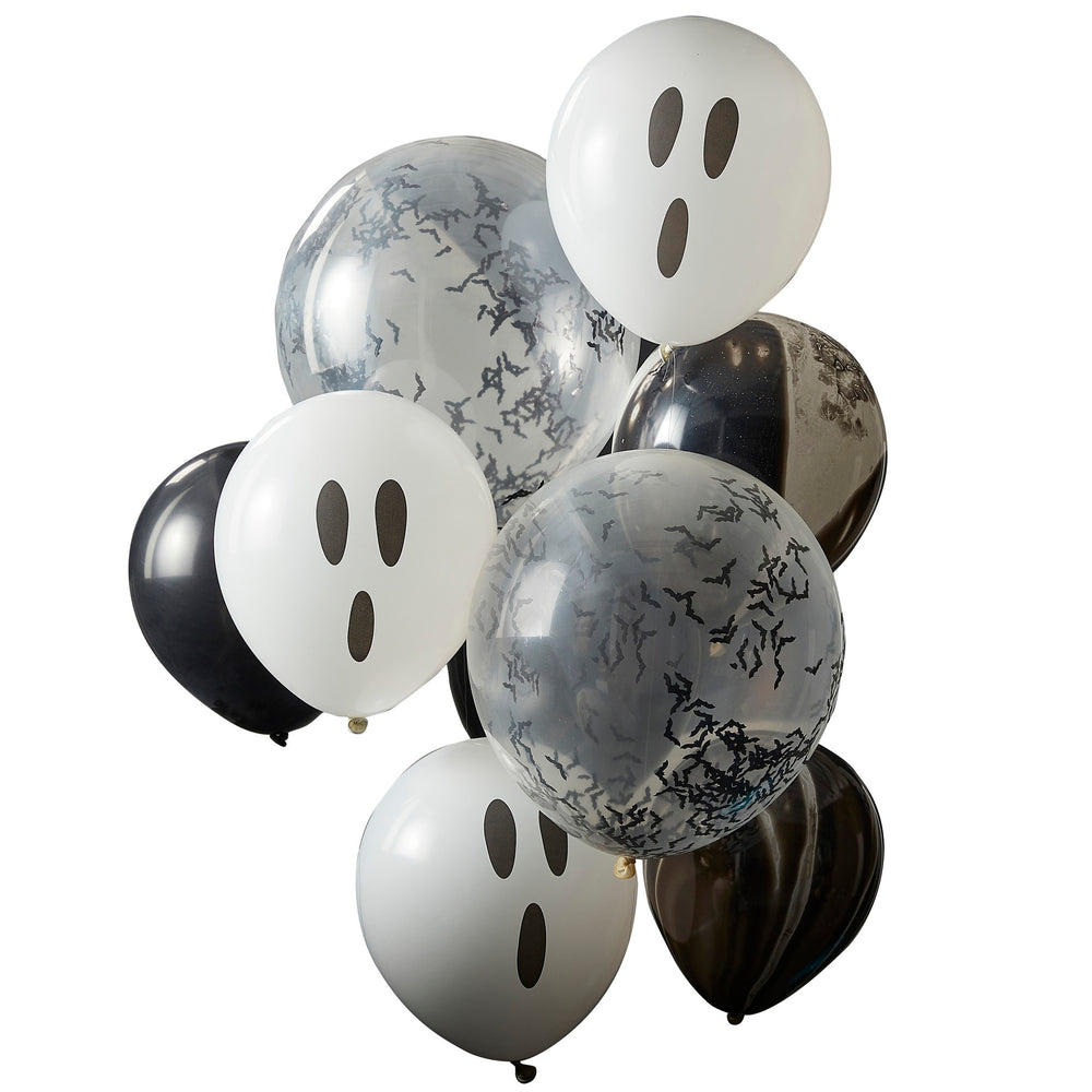 
                  
                    Load image into Gallery viewer, Ghosts, Confetti Bats and Black Marble Halloween Balloon Cluster
                  
                
