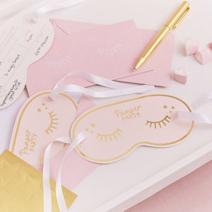 
                  
                    Load image into Gallery viewer, Gold Foiled Eye Mask Shaped Pamper Party Invitations
                  
                