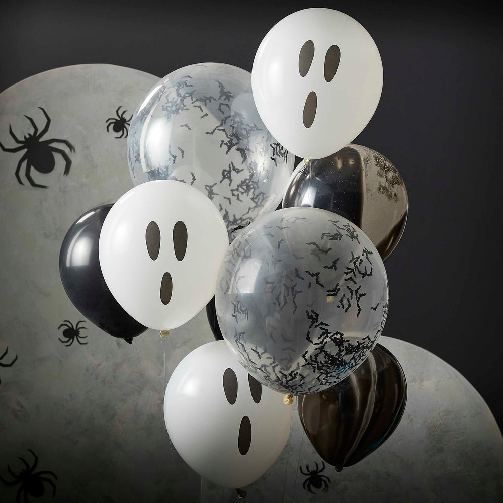 
                  
                    Load image into Gallery viewer, Ghosts, Confetti Bats and Black Marble Halloween Balloon Cluster
                  
                