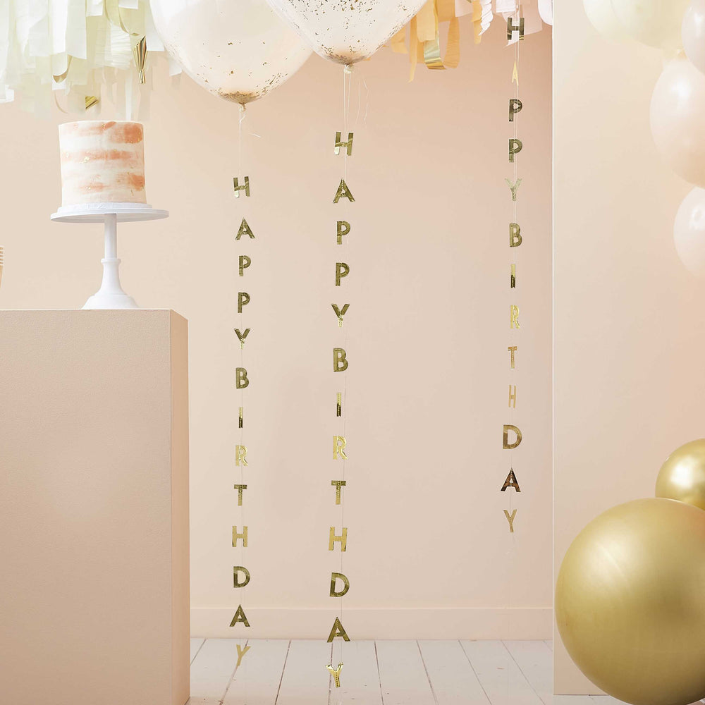 
                  
                    Load image into Gallery viewer, Gold Happy Birthday Balloon Tails
                  
                