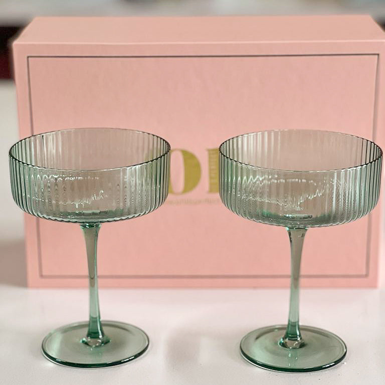 Green Ribbed Champagne Glass (Set Of Two)