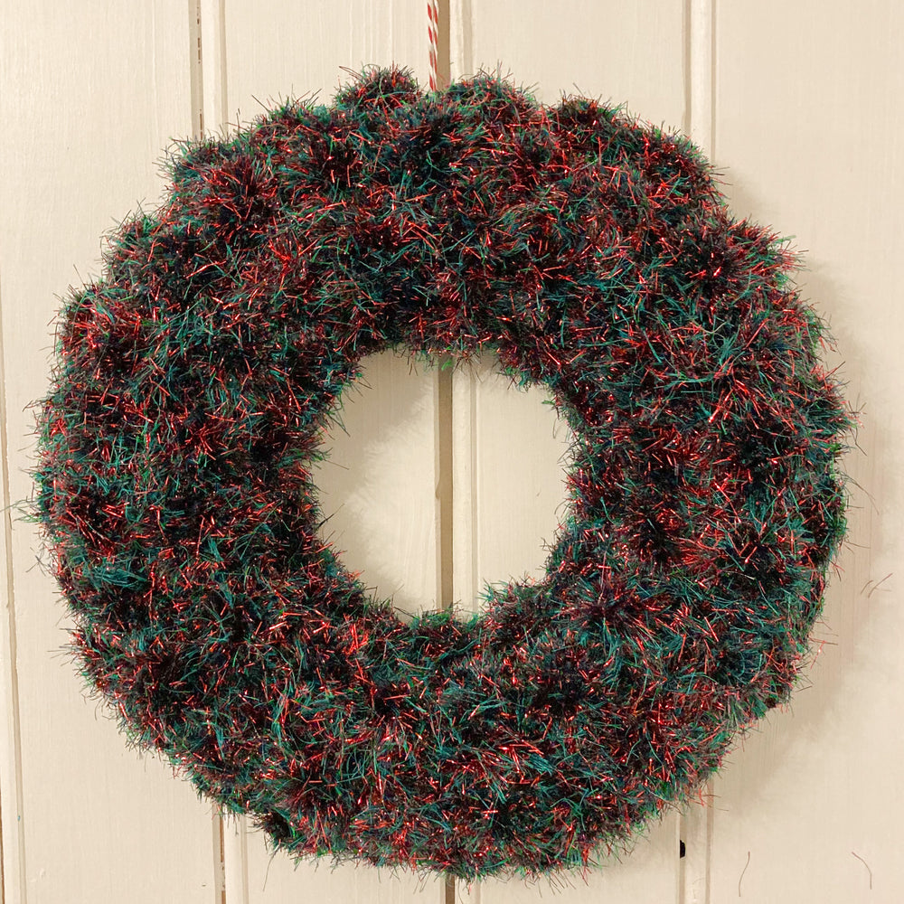 Green and Red Tinsel Pom Pom Wreath