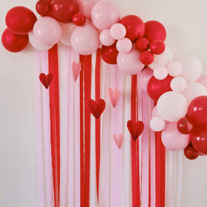 
                  
                    Load image into Gallery viewer, Red &amp;amp; Pink Balloon Arch Party Backdrop with Streamers and Paper Heart Decorations
                  
                