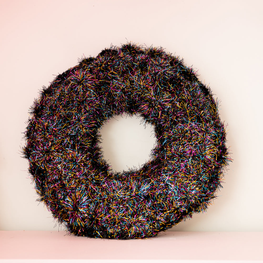 Holographic Black Tinsel Pom Pom Wreath
