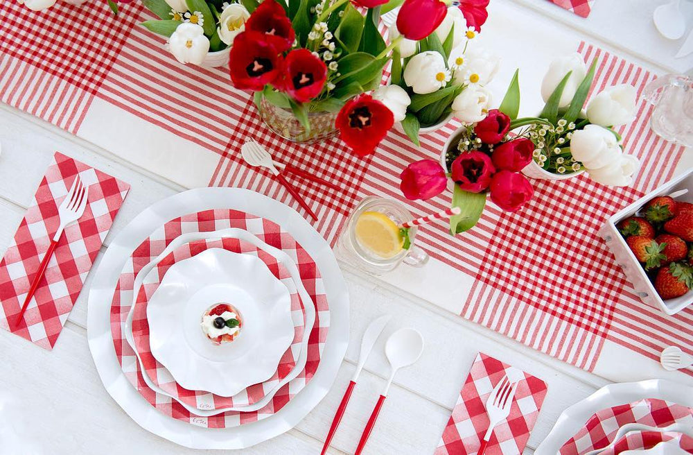 
                  
                    Load image into Gallery viewer, Red Gingham Wavy Paper Dinner Plate
                  
                